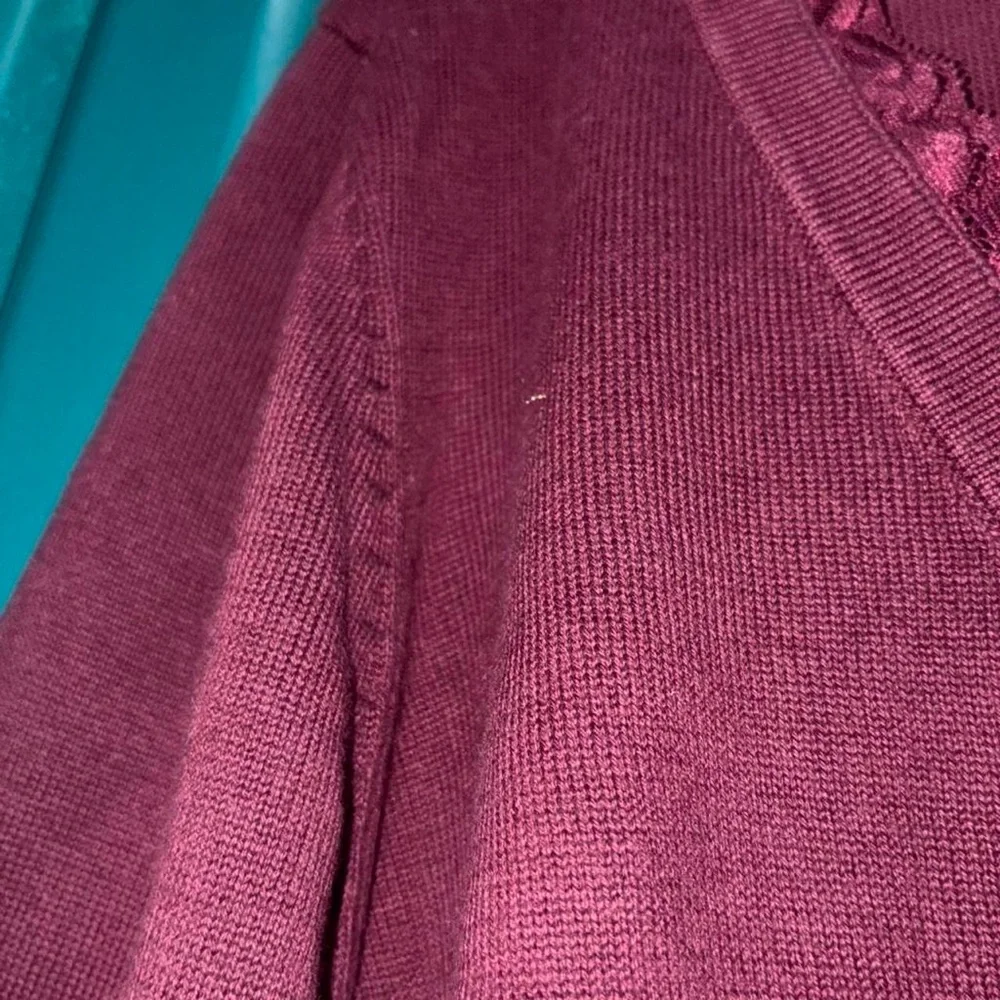 Jaclyn Smith Burgundy V-Neck Long Sleeve Top with Lace Trim